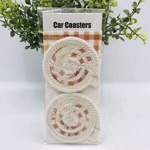 Rope Car Coasters Boho One Set of 2 Cotton Fabric Machine Washable Gingham Tan